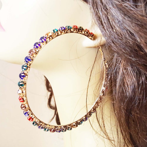 LARGE CRYSTAL HOOP Earrings Silver Tone 4 Inch Rhinestone Etsy