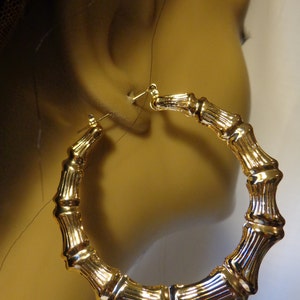 VINTAGE 80s BAMBOO HOOP earrings 2.5 inch Gold Tone Bamboo Hoop image 1