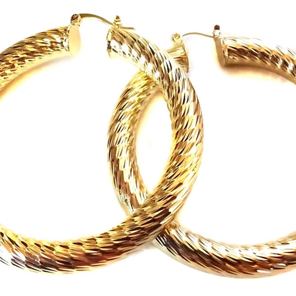 EXTRA Thick Round Gold Brass Plated Textured LARGE Hoop Earrings 3 inch Hoops