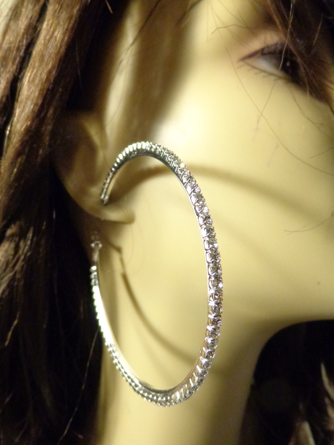 LARGE CRYSTAL HOOP Earrings Silver Tone 3 Inch Rhinestone Lined