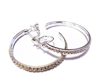 CLIP-ON Earrings Silver Rhodium Plated Rhinestone Crystal Earrings 1.5 inch Hoop Earrings