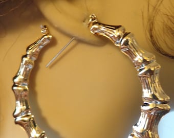 VINTAGE 80's BAMBOO HOOP earrings Gold Tone Hoop Earrings 2 inch Hoop