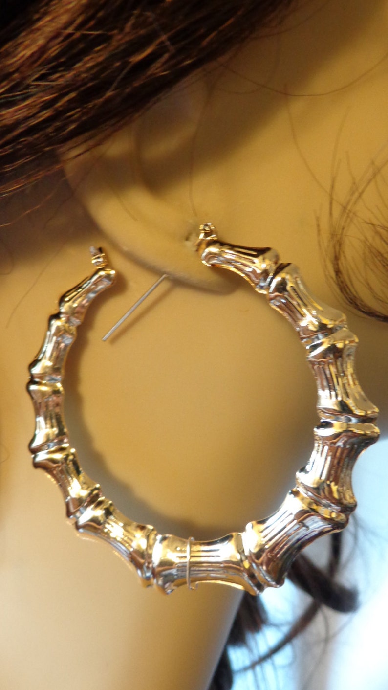 VINTAGE 80's BAMBOO HOOP Earrings Gold or Silver Tone Hoop Etsy