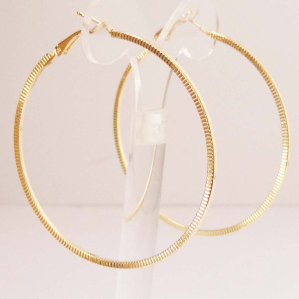 Large Hoops Ridged Gold Tone Hoop Earrings Penny Ridged Design 3 inch Hoop Earrings