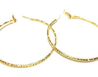 Large 3 inch Hoop Earrings Classic Thin Textured Dia Cut Hoop Earrings Gold Tone