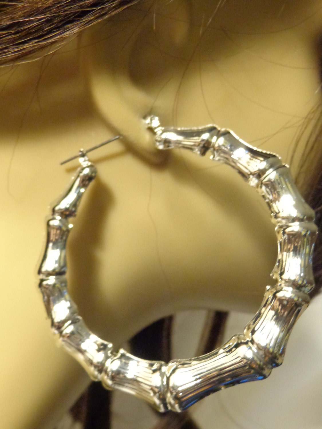 VINTAGE SILVER Tone Bamboo Hoop Earrings 2.5 Inch Old School