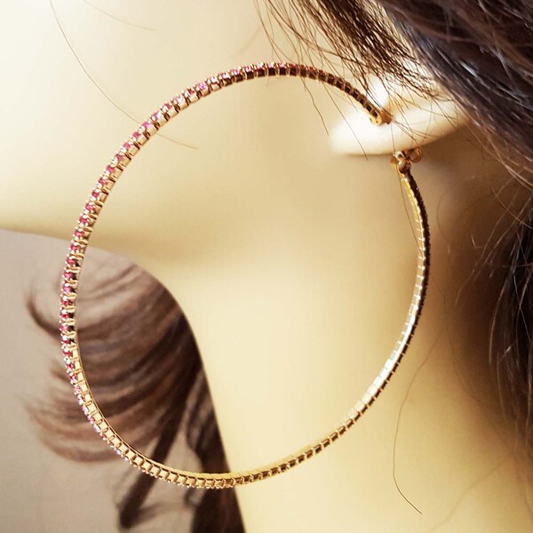 Rhinestone Purple Crystal Hoop Earrings Gold tone HOOPS 3 inch Hoop Earrings