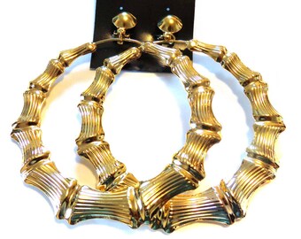 Clip-on Earrings Large Hoop Earrings Bamboo Hoop Earrings 3.5 inch Silver or Gold tone Lightweight
