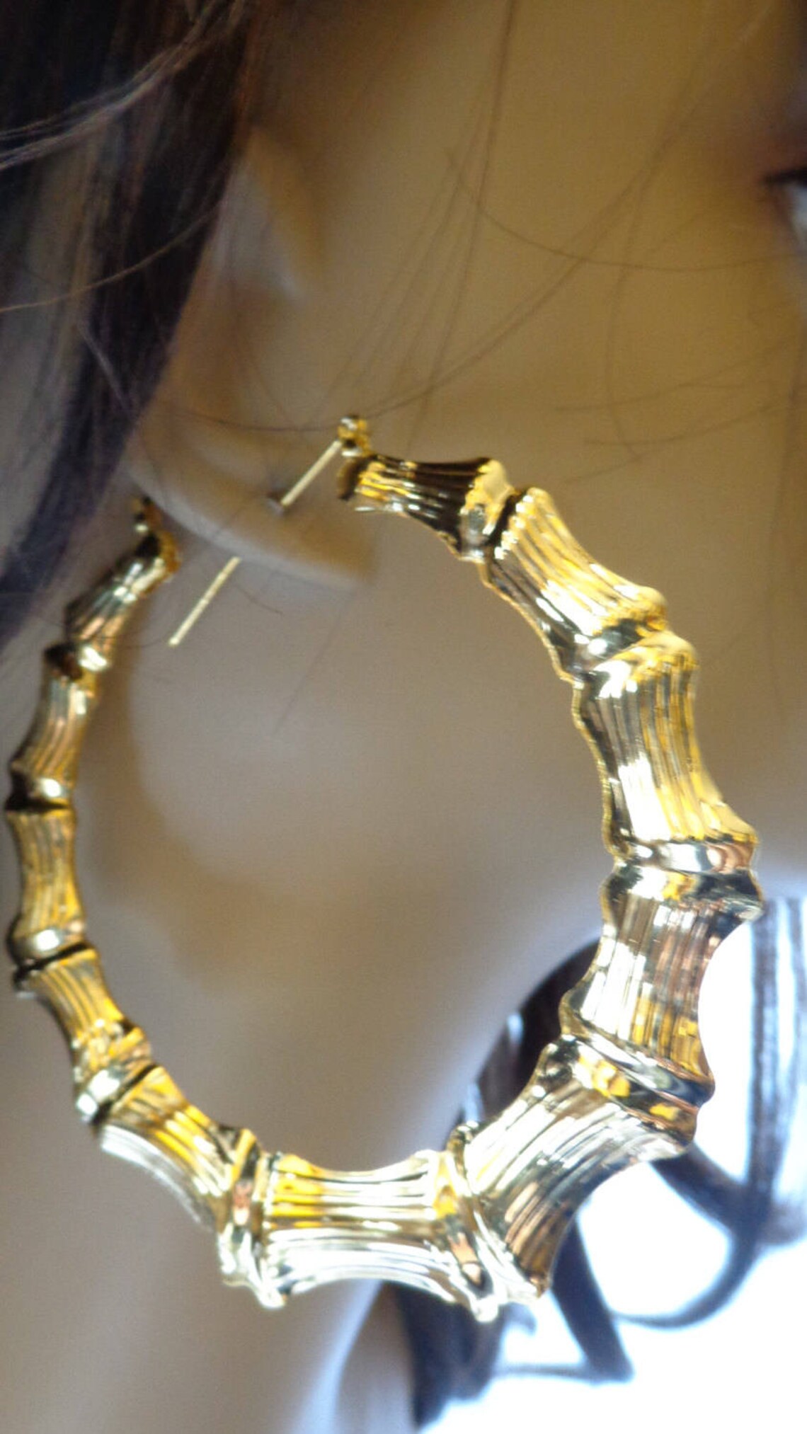 thumbnail image 2 of Big 6.5cm Gold Bamboo Hoop Earrings - Hip Hop Style, Textured, Pierced 2 of 3