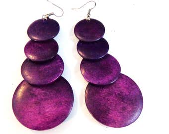 Graduated Tier Dangle Earrings Boho Wood Earrings Purple Earrings 4 inch long and lightweight