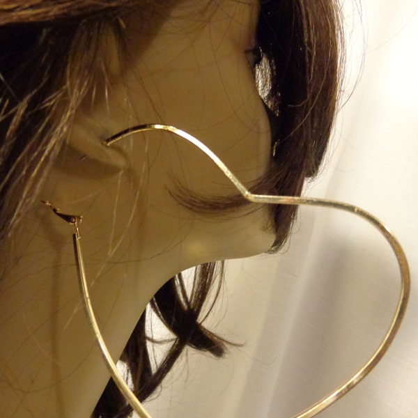 Open Heart Hoop Earrings Gold tone Lightweight 3.5 inch long Simple Style Hoops LARGE