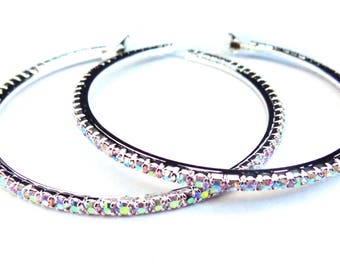 Crystal Hoop Earrings Thin Cast Silver Tone Iridescent Crystal Rhinestone Hoops Earrings 3.25 inch hoops