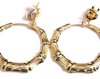 Clip-on Earrings Gold Plated Bamboo Earrings Gold Tone 2 inch Hoops Lightweight