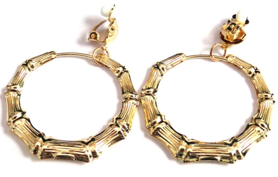 Clip on Earrings Gold Plated Bamboo Earrings Gold Tone 2 Inch