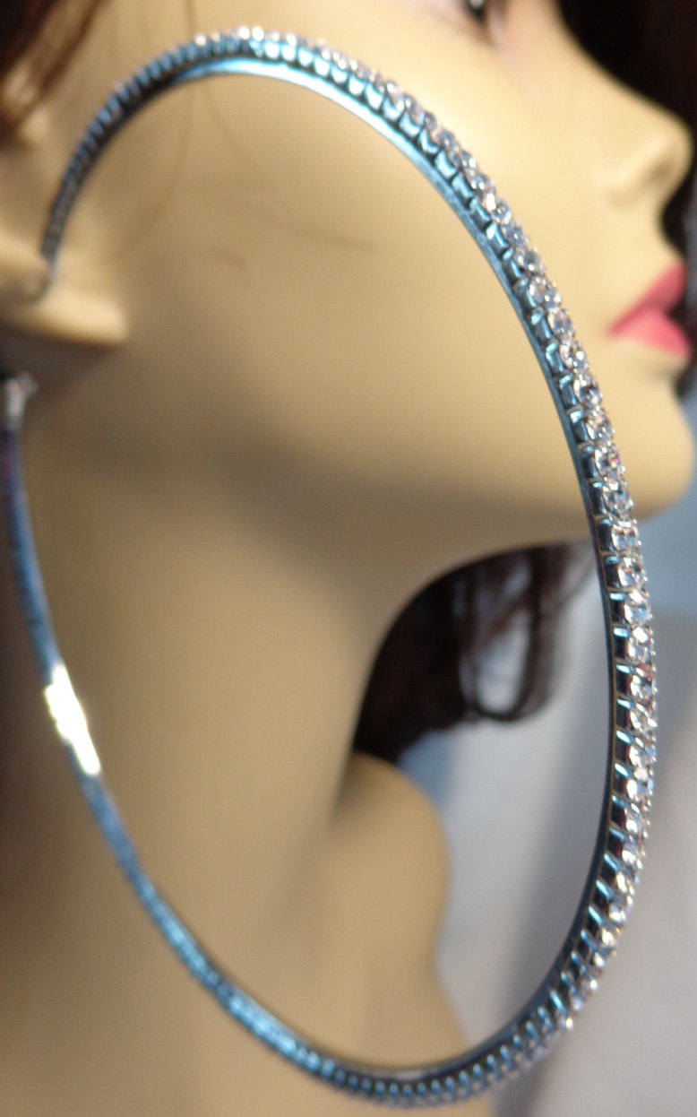 LARGE CRYSTAL HOOP Earrings Silver Tone 4 Inch Rhinestone Etsy