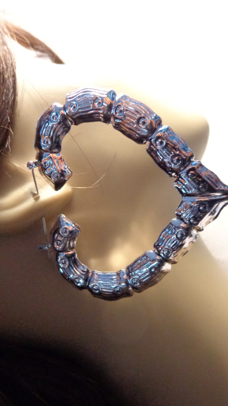 VINTAGE SILVER Tone Bamboo Heart Hoop Earrings 2.5 Inch Long Etsy
