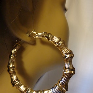 VINTAGE 80s BAMBOO HOOP earrings 2.5 inch Gold Tone Bamboo Hoop image 2