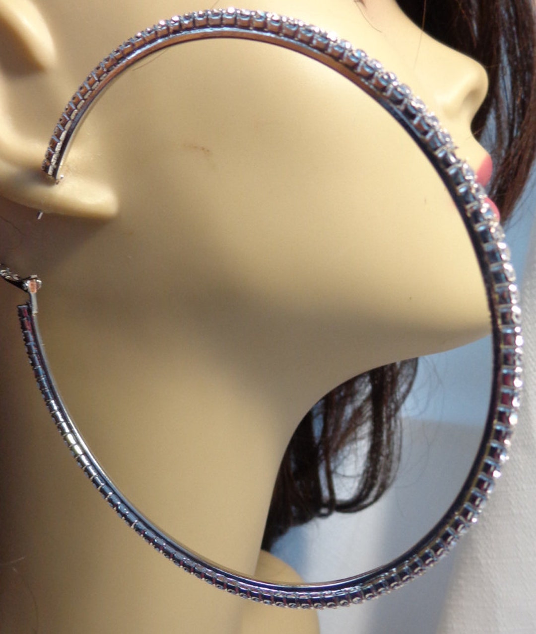 LARGE CRYSTAL HOOP Earrings Silver Tone 4 Inch Rhinestone Hoops Rhodium