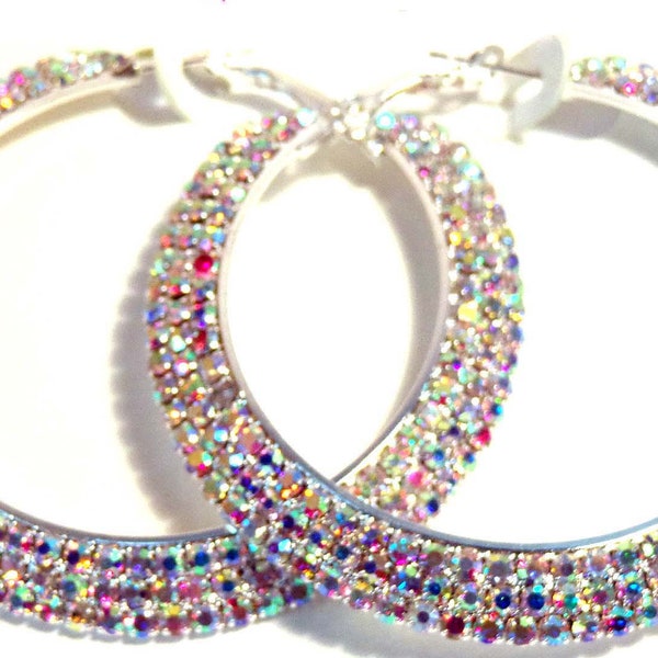 Large Triple Encrusted Iridescent Crystal Rhinestone Hoop Earrings Rhodium 3 inch Large Hoops