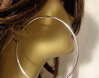 LARGE 3.5 inch Hoop Earrings SILVER tone Classic Thin Hoop Earrings