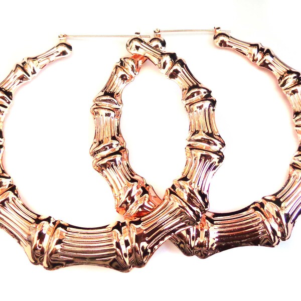 VINTAGE BAMBOO HOOP earrings Rose Gold or Gold or Silver Tone Hoop Earrings 4 inch Hoops