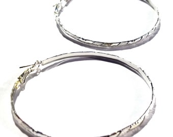 Silver tone Hoop Earrings Textured Round Hoop Earrings 2.5 inch Hoop