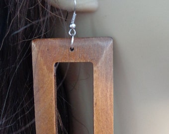 VINTAGE WOOD Square HOOP Earrings Lightweight Pierced Boho Style 3.5 in l and 1.5 in wide