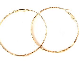 Lightweight Hoop Earrings 2.5 inch Hoop Earrings Textured Hoops Gold tone Earrings