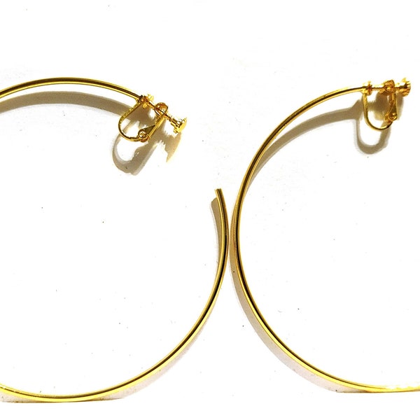 Clip-on Earrings Clip Hoop Gold or Silver Tone  Large 3 inch Hoop Thin Earrings Non Pierced