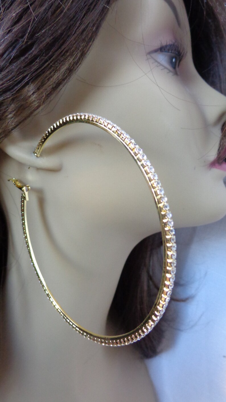 Large 5 Inch Hoop Earrings Classic Thin Rhinestone Crystal Etsy