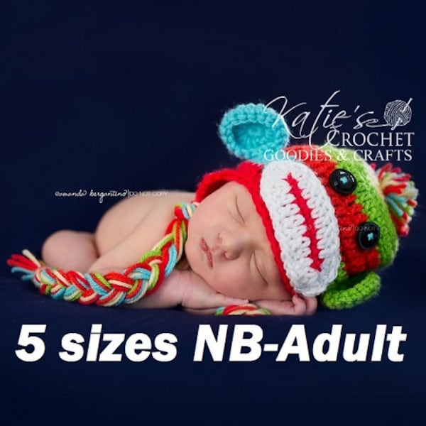 Sock Monkey Crochet Hat Pattern in 5 sizes - PDF File, Instant Download Pattern