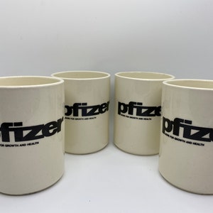 Vintage Set of 4 Pfizer Logo Advertising Coffee Mugs Pharmaceutical Advertising Typography Drinkware Made in USA - RARE