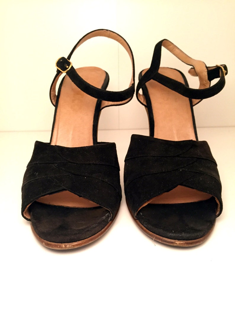 Vintage O'neils's Black Suede Leather Stacked High Heel Sandals / Open ...