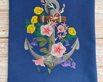 Floral Anchor Nautical Themed Tea Towel, Blue Kitchen Towel