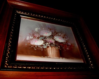 Signed Vintage/Antique Original Oil on Dense Canvas Floral Painting, Pastel color floral bouquet in an Ornate Shadow Box Wood Frame