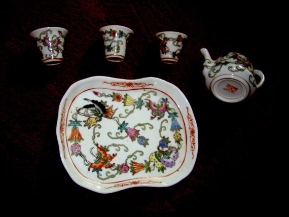 Authentic Chinese Miniature Tea Set, Oriental Ceramic/Porcelain,  Hand Painted Enamel Tea Pot, Tray, Bowls, etched flowers butterflies