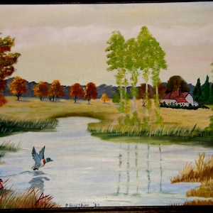 May include: A painting of a rural landscape with a small house, trees, and a river. The river is in the foreground and there are two ducks swimming in it. The trees are in the background and are mostly green and yellow. The house is white with a red roof and is located on a hill in the distance.