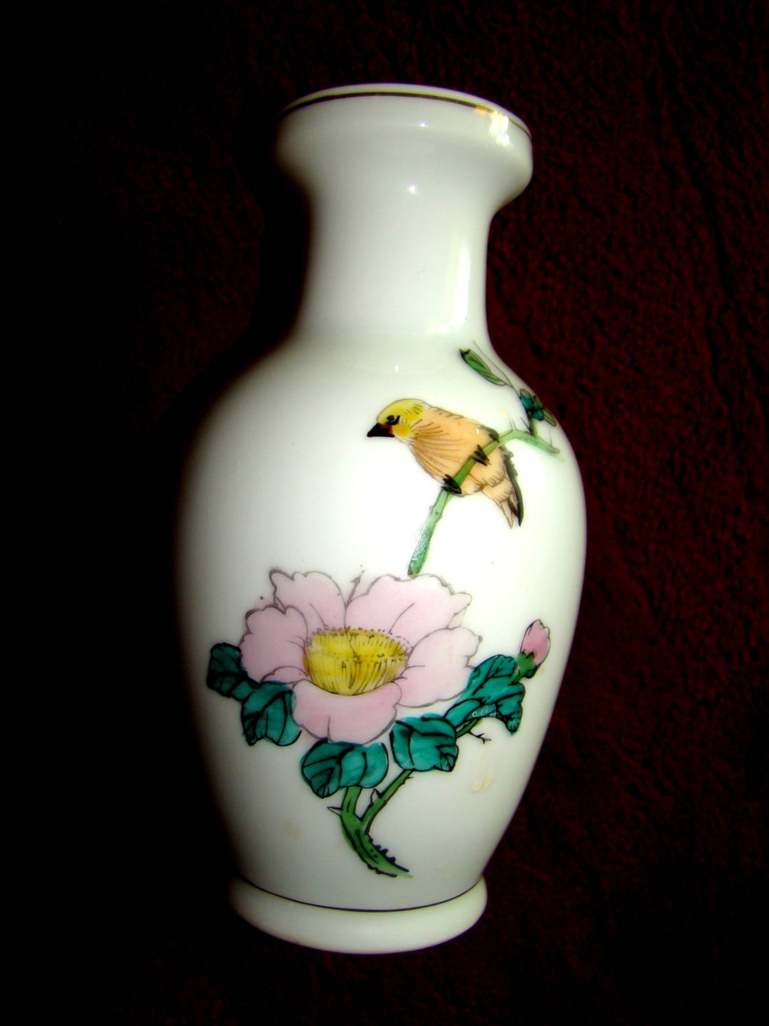 Hand Painted Vase Floral Oriental Bird Decor, Wonderful Gold Trim ...