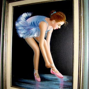 Oil on Canvas Original Portrait Painting of a Beautiful Young Woman Dancer signed &#39;T Denver&#39;, Vintage wood frame