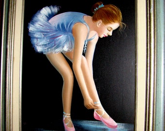 Oil on Canvas Original Portrait Painting of a Beautiful Young Woman Dancer signed 'T Denver', Vintage wood frame
