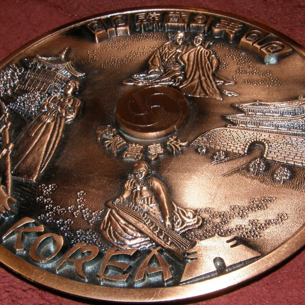 Rare Oriental Asian Relief Brass Korean Solid Brass Wall Plaque Plate