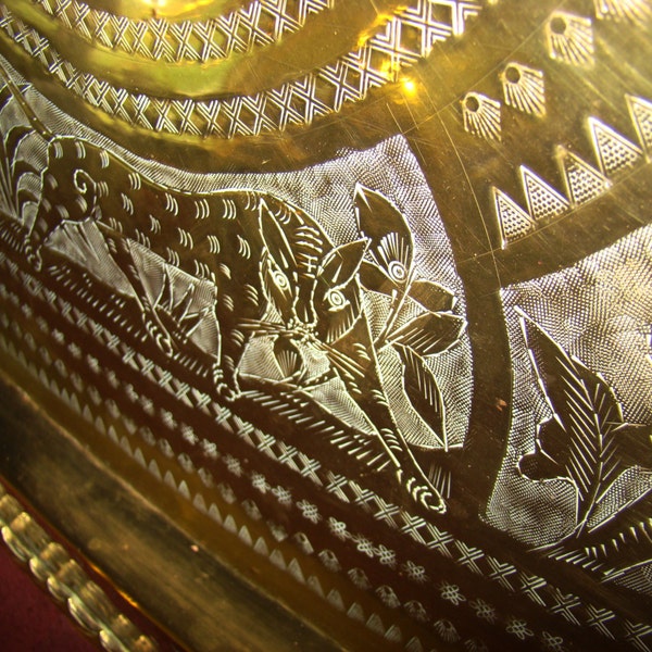 EXTREMELY LARGE - Unique - Chinese Polished Brass Tray- Hand Crafted Rare  Etched Metal Detailed  Hand hammered & engraved - 40 x 26.5 in
