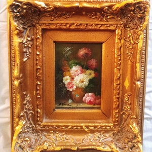 Oil on Wood Board Still Life Flowers Painting Original Art in Vintage Hand Made Ornate Shadow Box Hard-Wood Gold Frame