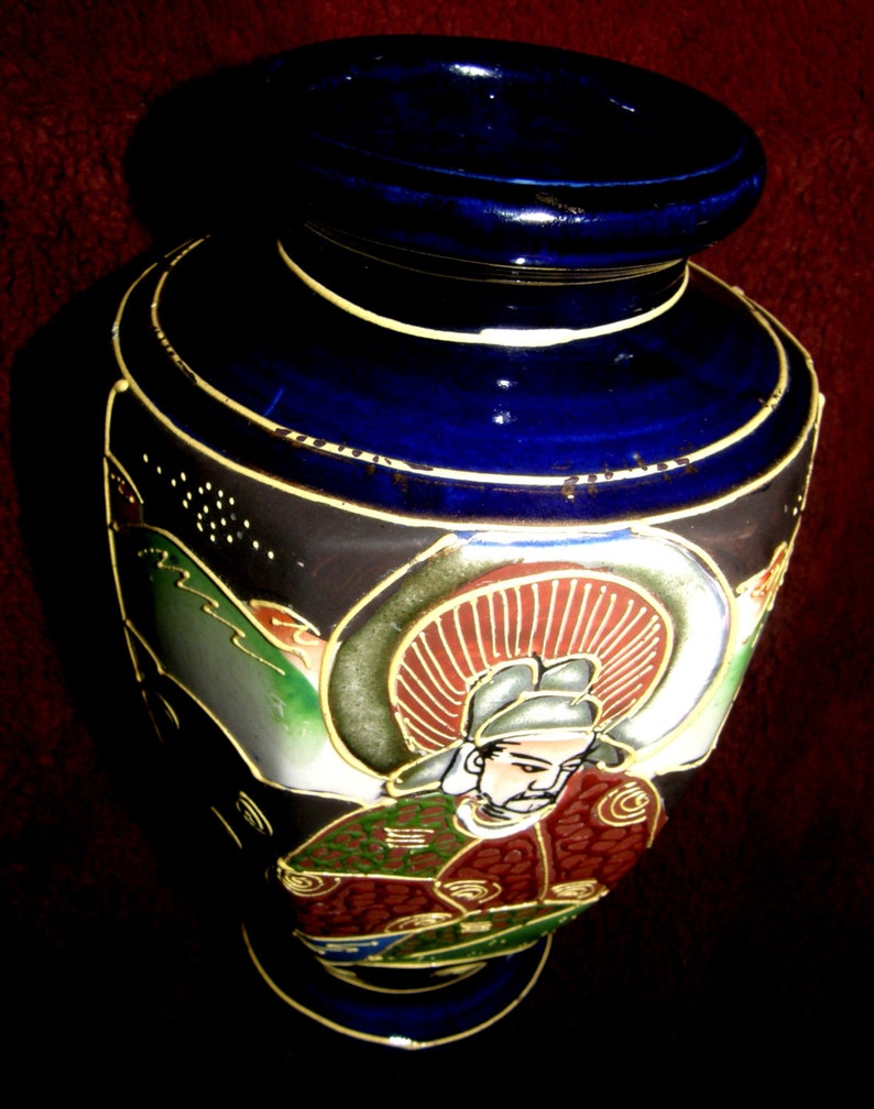 Antique Japanese Export Cobalt Blue Satsuma Vase Hand Painted Moriage
