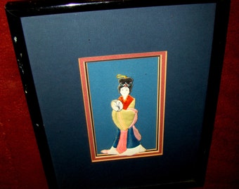 Asian Oriental Hand Crafted & Painted Framed Silk and Paper Art in Black Lacquer Frame - Vintage - Mid 20th century