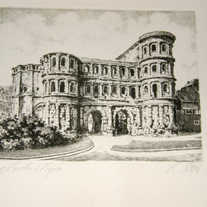 Original German Etching or Engraving – Signed, Titled in German, Rare Miniature of an Antique European Castle or City Theme - Framed