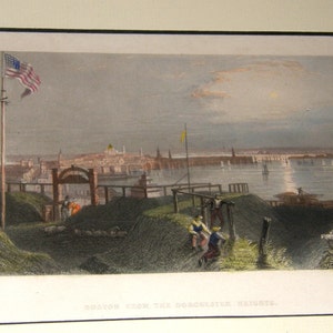 William Bartlett Antique Rare Hand Colored Steel Engraving - American Views, circa 1840s - Boston from Dorchester Heights - American Scenery