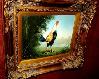 Signed K Mills Original Oil on Canvas Painting – Landscape Bird Art - Elaborate  Antique style Shadowbox Frame - High End Interior Décor