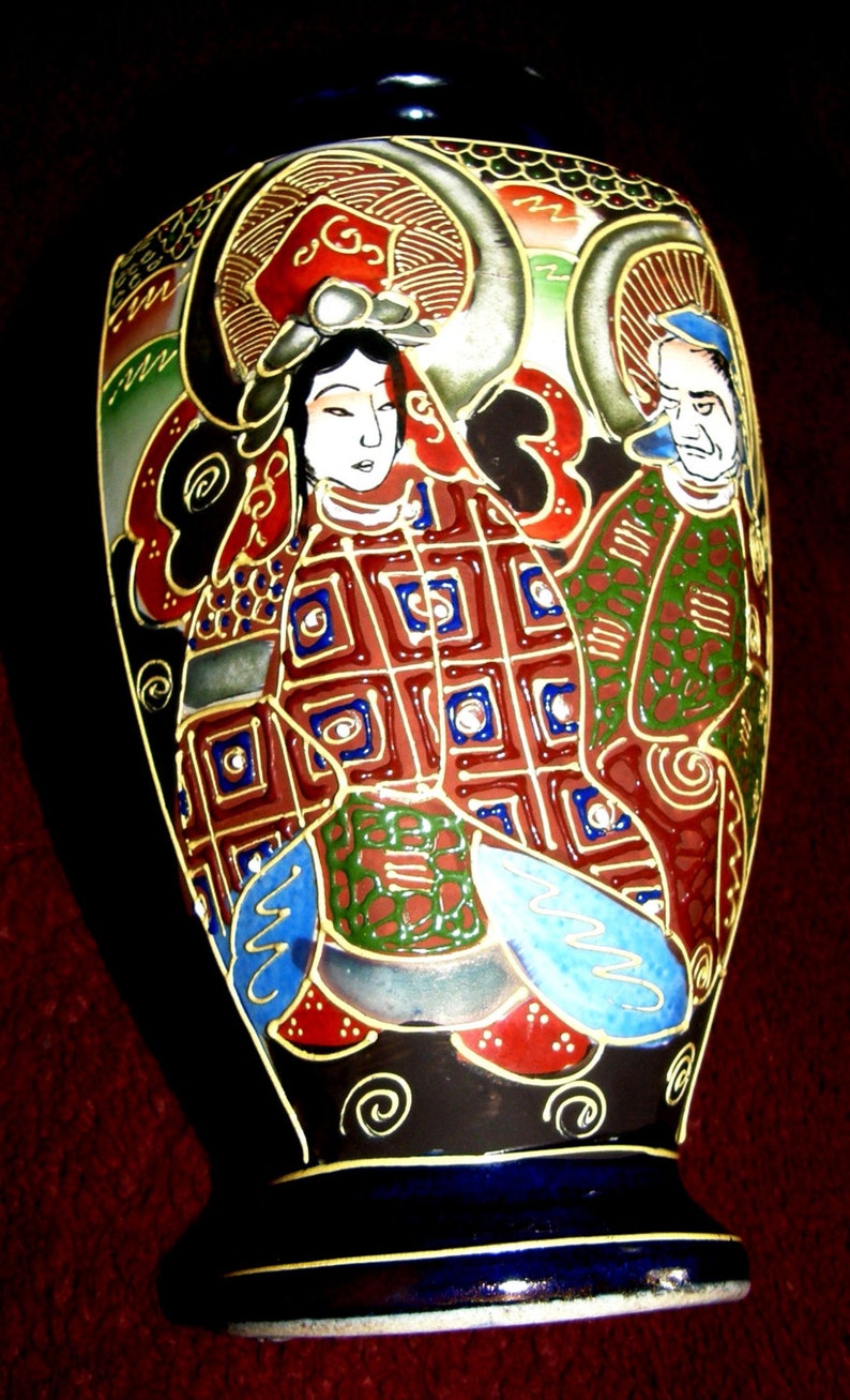 Antique Japanese Export Cobalt Blue Satsuma Vase Hand Painted Moriage