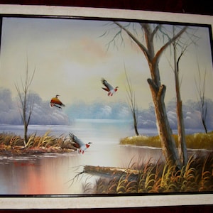 Original Well Executed Signed Framed Detailed Vintage Ducks Landscape Oil Painting on Canvas by W.  Anton